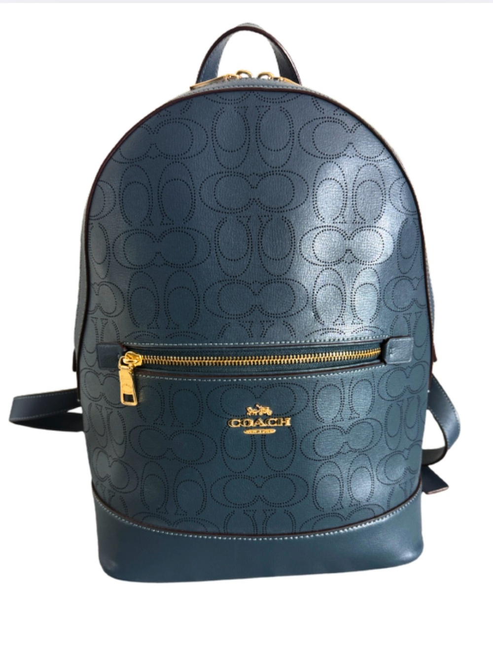 Coach Kenley Perforated Signature C Leather Backpack Steel Blue Gold Hardware